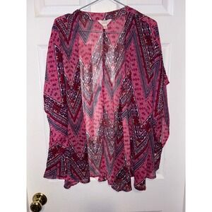 SUN & SHADOW Pink Chevron Pattern Sheer Kimono Cardigan Women's S M